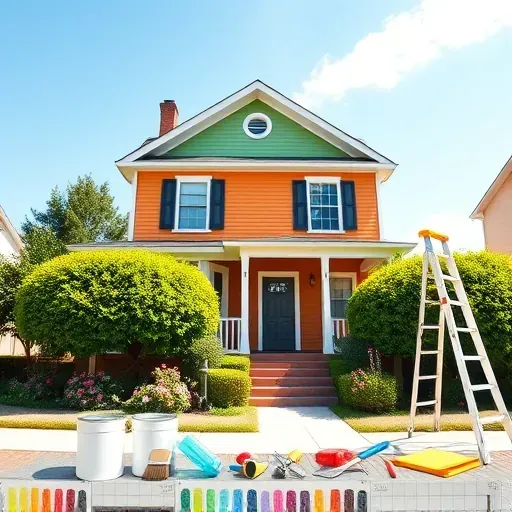 Freshly painted two-story house in Hopewell VA with vibrant colors, lush greenery, and professional tools displayed.