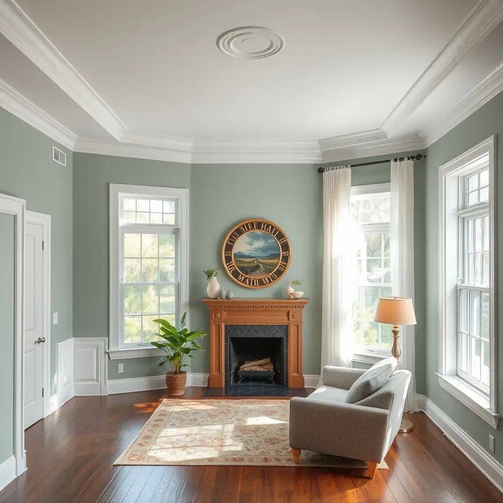 Bright living room in Midlothian, VA with freshly painted neutral walls, natural light, and professional interior painting tools.