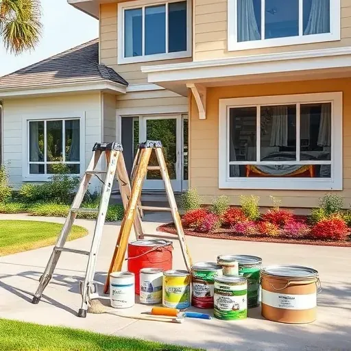 Completed Moseley, VA painting workspace with fresh beige and white exterior, organized tools, and a modern house.