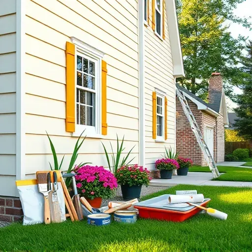 Pristine residential exterior in Atlee, VA with freshly painted siding, painting tools, lush yard, and natural daylight.