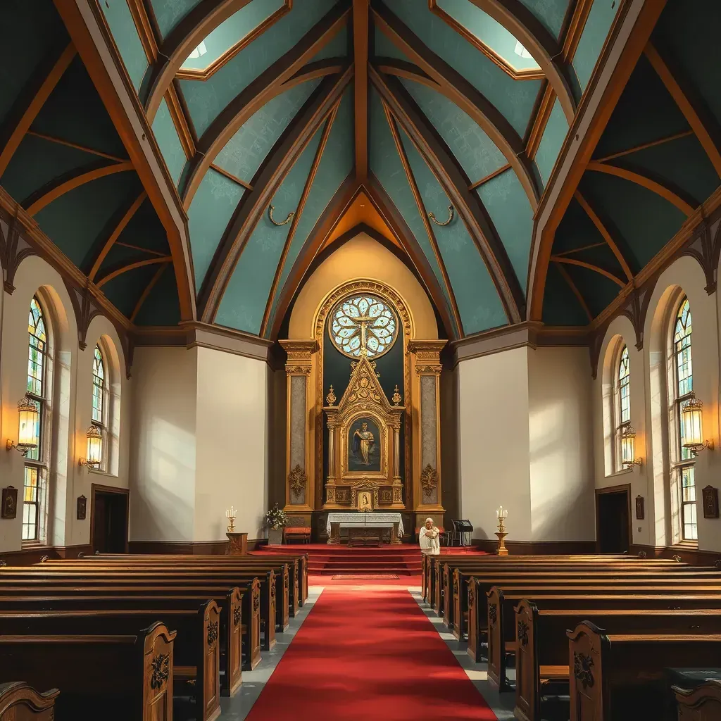 Detailed painting of a historic Richmond, VA church with stained glass, stone carvings, steeple, greenery, and tranquil surroundings.
