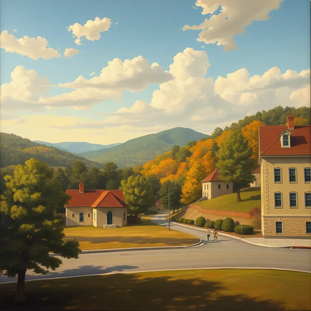 Painting of tranquil Glenburnie, VA landscape with lush greenery, a wooden bridge over a creek, and dappled sunlight.