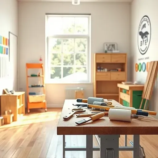 Montrose, VA painting contractor workspace with organized tools, paint samples, natural light, and professional branding.