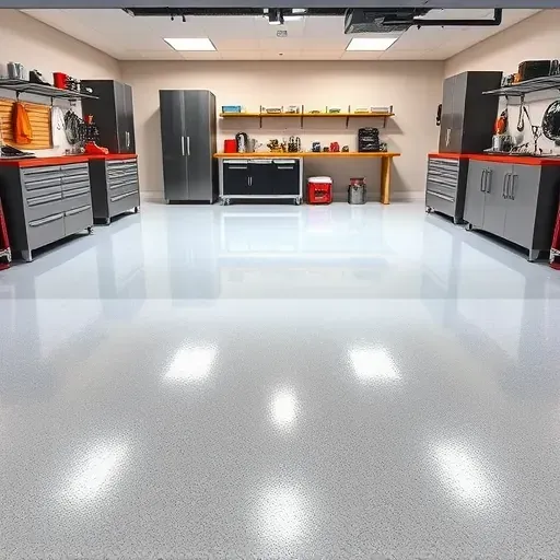 Pristine glossy garage floor coating in Richmond VA with sleek finish, durable surface, neat storage, and bright lighting
