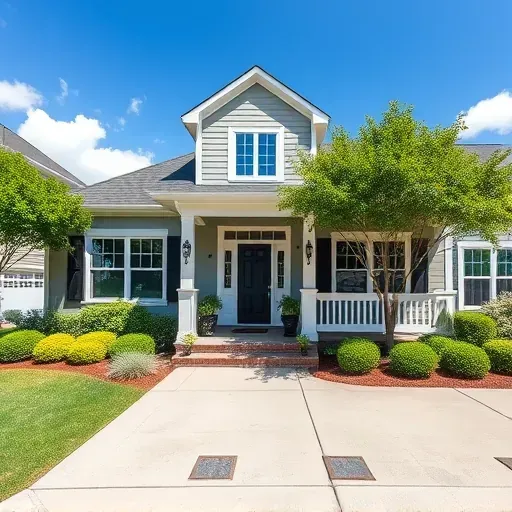 Newly painted contemporary home in Short Pump VA with soft gray color, white trim, and vibrant landscaping.
