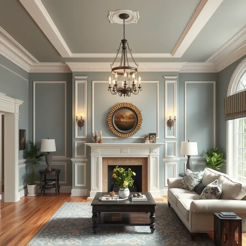 Interior living room in Highland Springs, VA, with freshly painted beige walls, crown molding, and protective floor coverings.