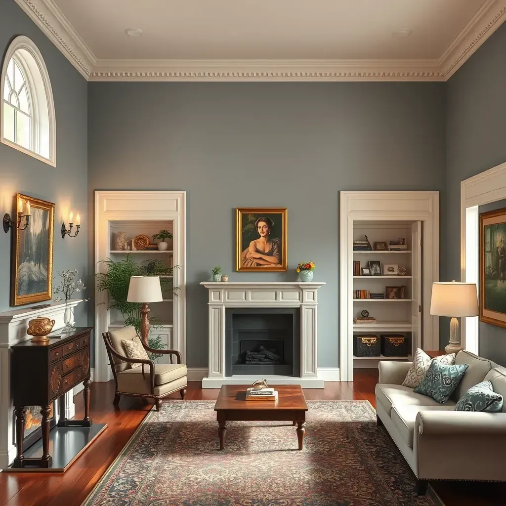 Interior Virginia home living room with freshly painted beige walls, hardwood floors, crown molding, and painting tools.