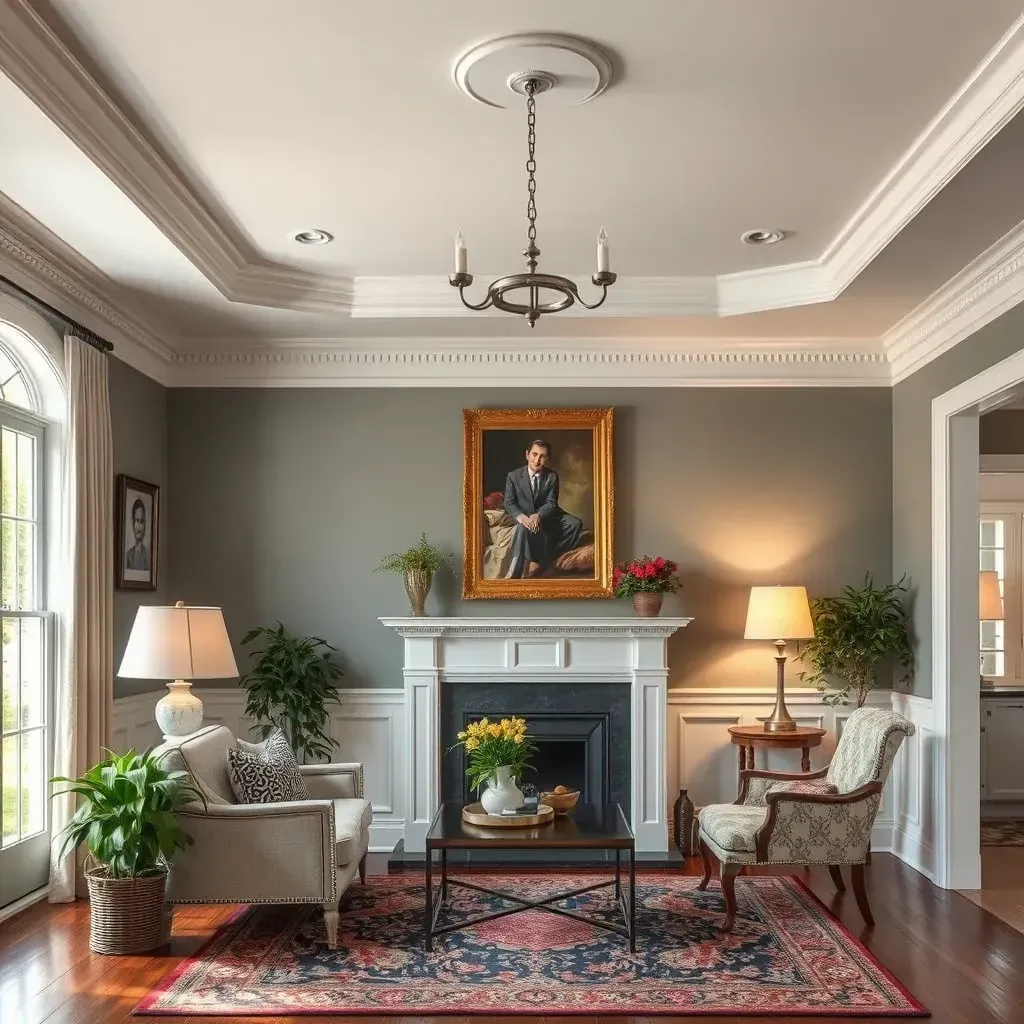 Spacious Montpelier, VA living room with freshly painted beige walls, white trim, hardwood floor, modern furniture, and painting tools.
