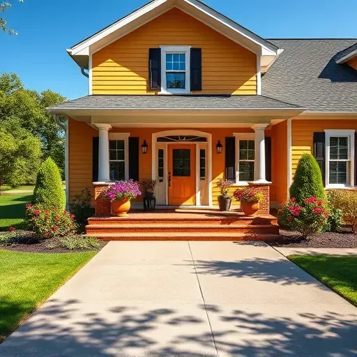 Completed painting project of a vibrant home in Meadowbrook VA with charming planters and a well-kept driveway.