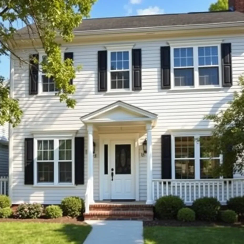Richmond VA home with deep blue exterior, white trim, fall foliage, scaffold, and professional painting scene.