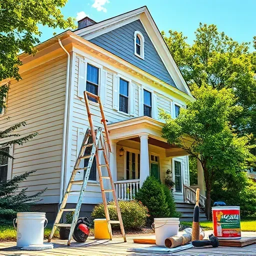 Painting contractor's workspace in Manakin Sabot, VA, with freshly painted house, tools, ladder, greenery, and bright outdoor setting.