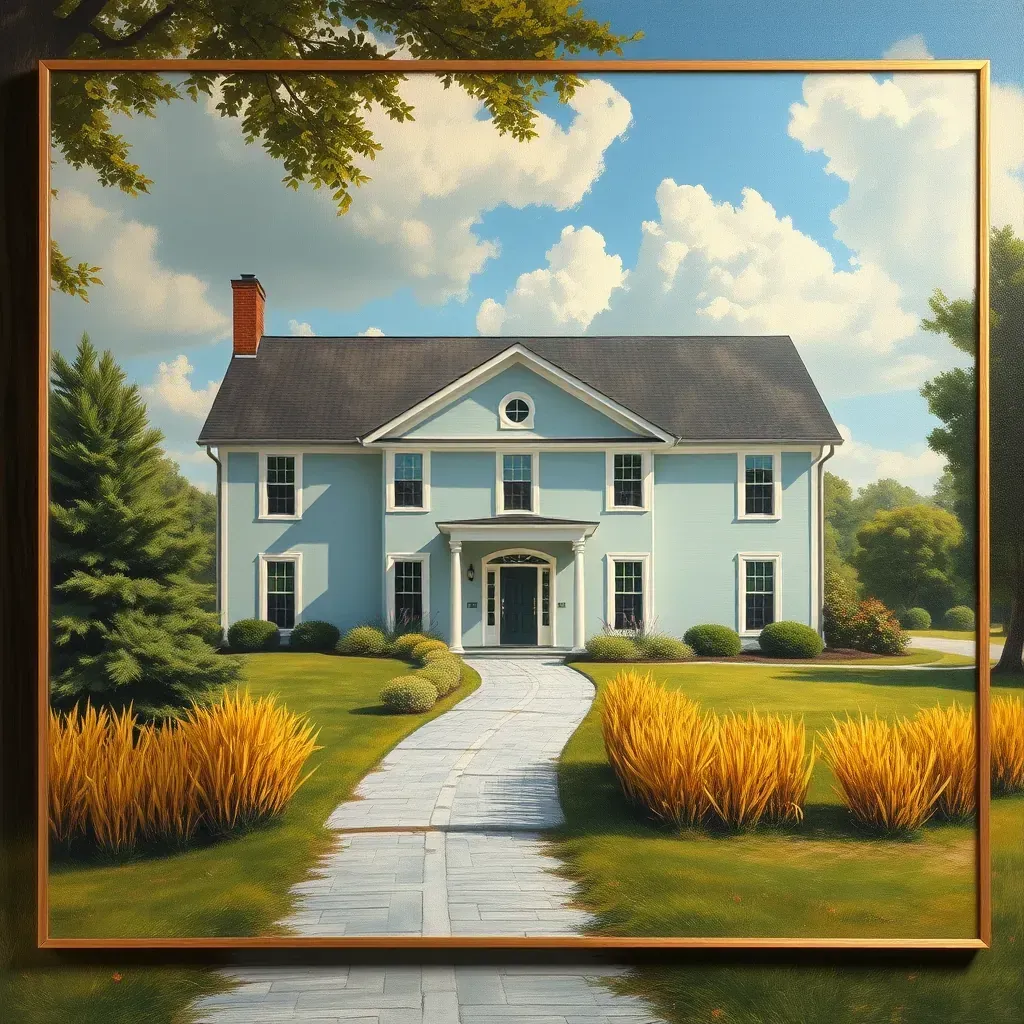 Painting of Mechanicsville, VA's lush landscapes and historic buildings displayed outdoors in bright, natural light.