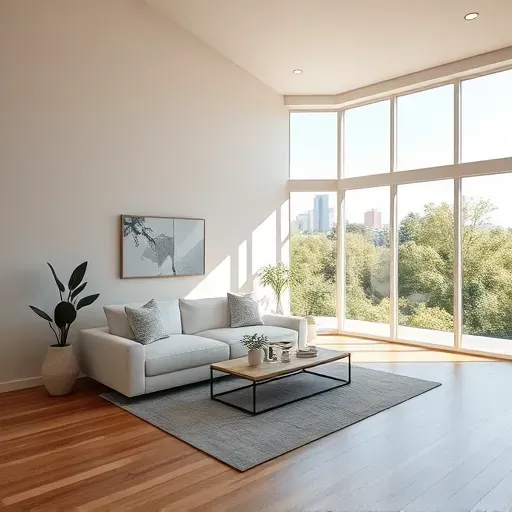 Freshly painted interior room in Richmond VA with modern furniture, large windows, city skyline view, and polished hardwood floors.