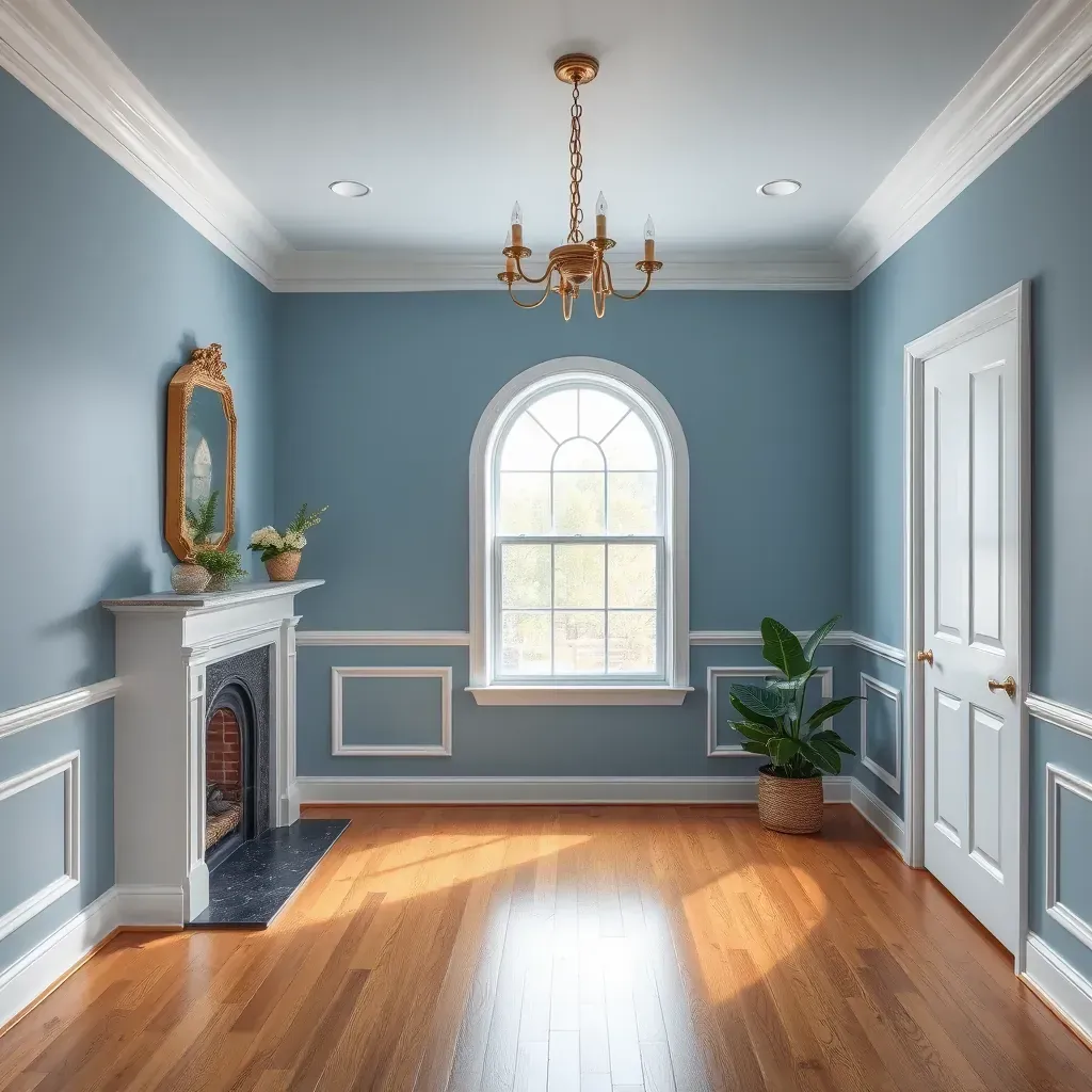 Spacious Midlothian, VA living room with light gray walls, white trim, dark hardwood floors, modern decor, and fresh paint finish.