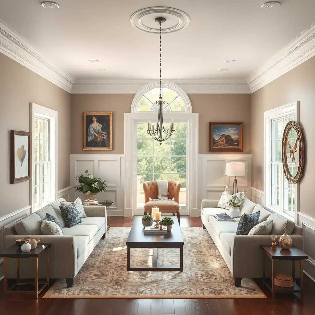 Interior of a Colonial Heights, VA home with warm beige walls, vintage furniture, natural light, and professional painting tools.