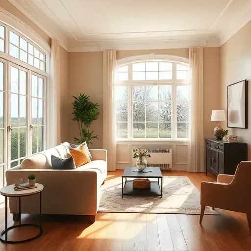 Modern living room with freshly painted neutral-toned walls, elegant windows, cozy furniture, and natural light in East Highland Park.