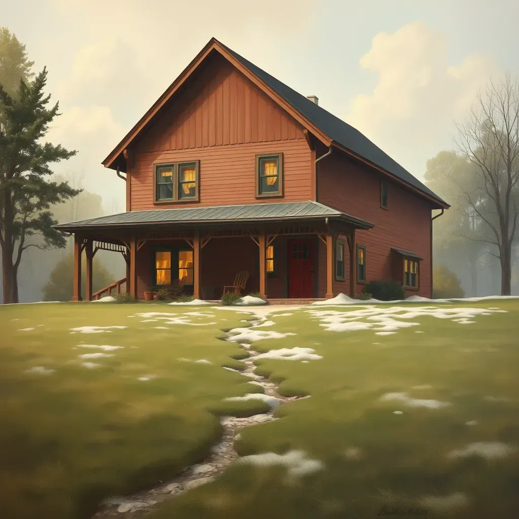 Painting of a peaceful Wyndham, VA rural scene with green fields, a charming country house, blooming flowers, and golden late afternoon light.