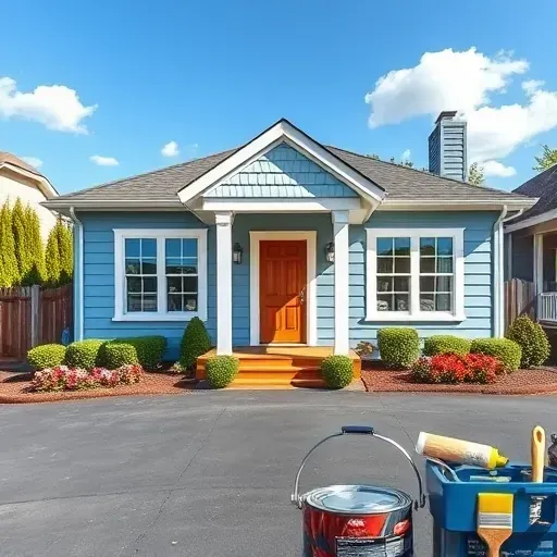 Completed painting project of a charming home in Providence Forge VA featuring soft blue paint, white trim, and vibrant landscaping.