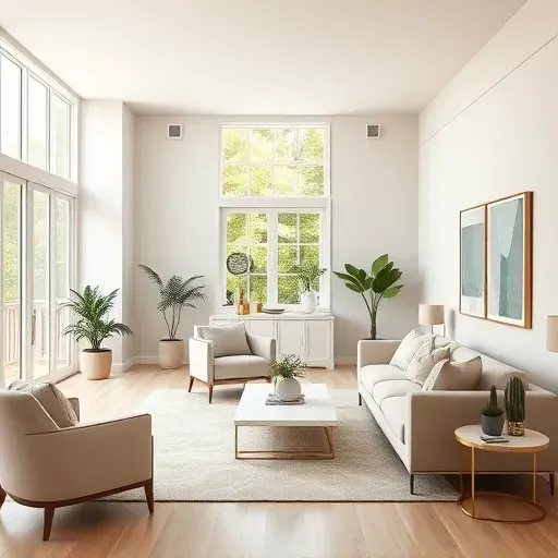Modern, freshly painted interior with natural light, sleek furniture, greenery, and stylish decor in a contemporary home.