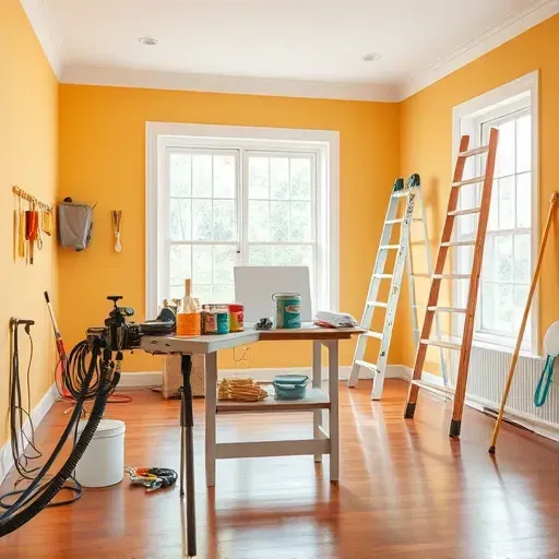 Painting contractor's organized workspace in East Highland Park, VA with tools, fresh painted walls, and natural light.