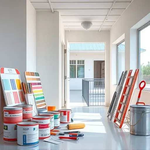 Modern painting contractor's workspace in Dumbarton, VA with tools, paint cans, color swatches, and freshly painted walls.