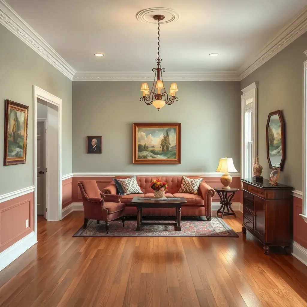 Freshly painted Chester, VA living room with warm beige walls, hardwood floors, crown molding, and natural light.