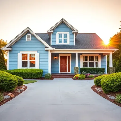 Beautifully painted house in Rockwood VA with soft blue exterior, white trim, lush landscaping, and sunset ambiance.