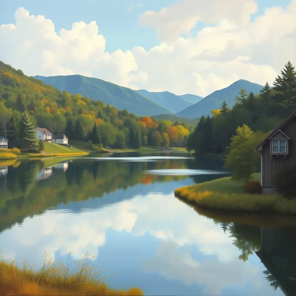 Serene Innsbrook, VA landscape featuring lush green lawns, mature trees, a flowing creek, modern office buildings, and distant woodlands.