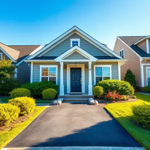 Freshly painted suburban house in Moseley VA with gray body, white trim, lush landscaping, and navy blue door.