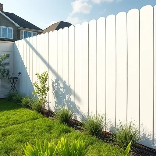Freshly painted white wooden fence in a lush backyard with greenery, outdoor furniture, and neighboring houses