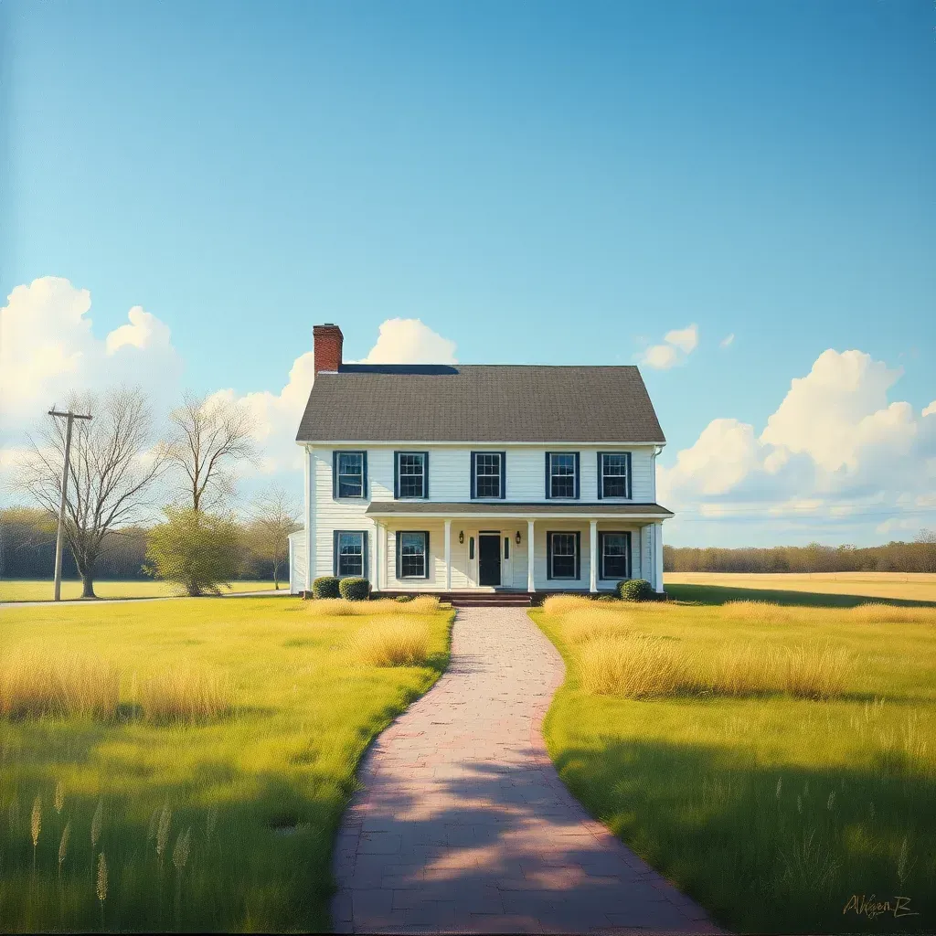 Alt text: Scenic view of Varina, VA with lush greenery, historic houses, tree-lined streets, and a reflective river.