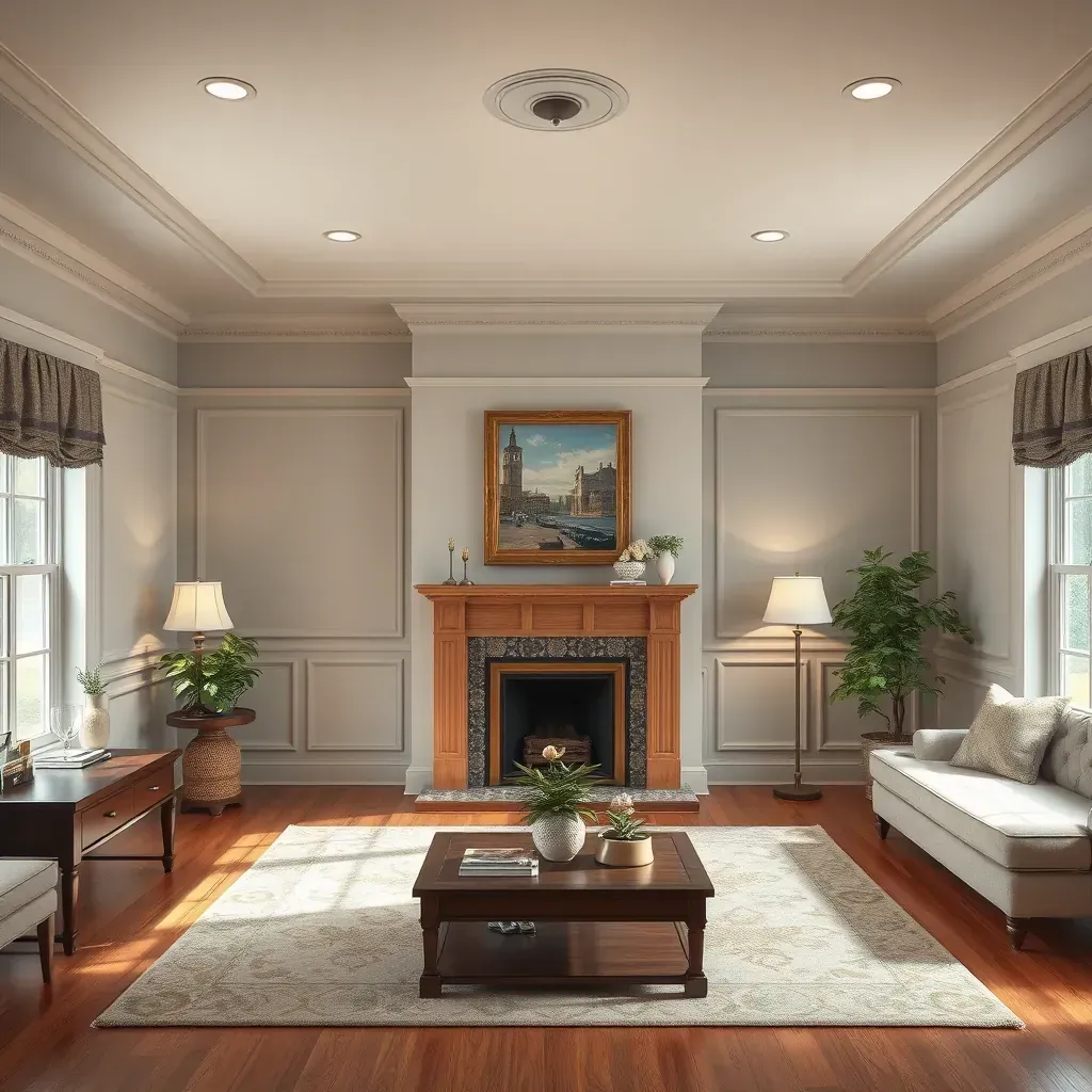 Interior of a Highland Springs, VA living room with freshly painted neutral walls, crown molding, modern furniture, and natural sunlight.