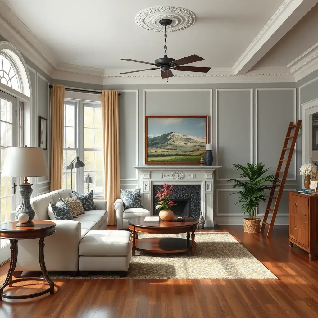 Interior living room in Montrose, VA featuring freshly painted beige walls, white crown molding, and painting tools.
