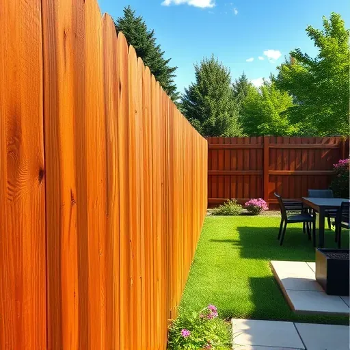 Freshly stained wooden fence in Richmond Virginia with vibrant greenery and sunny sky showcasing craftsmanship and quality.