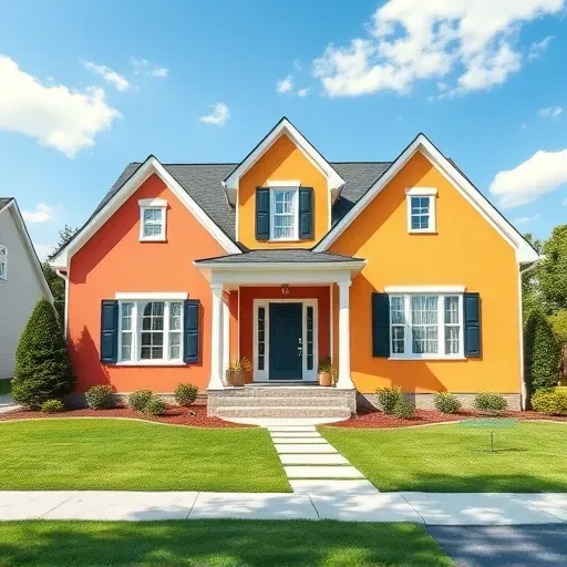Freshly painted house in Chesterfield, VA with vibrant walls, white trims, lush yard, and bright sky, showcasing professional craftsmanship.