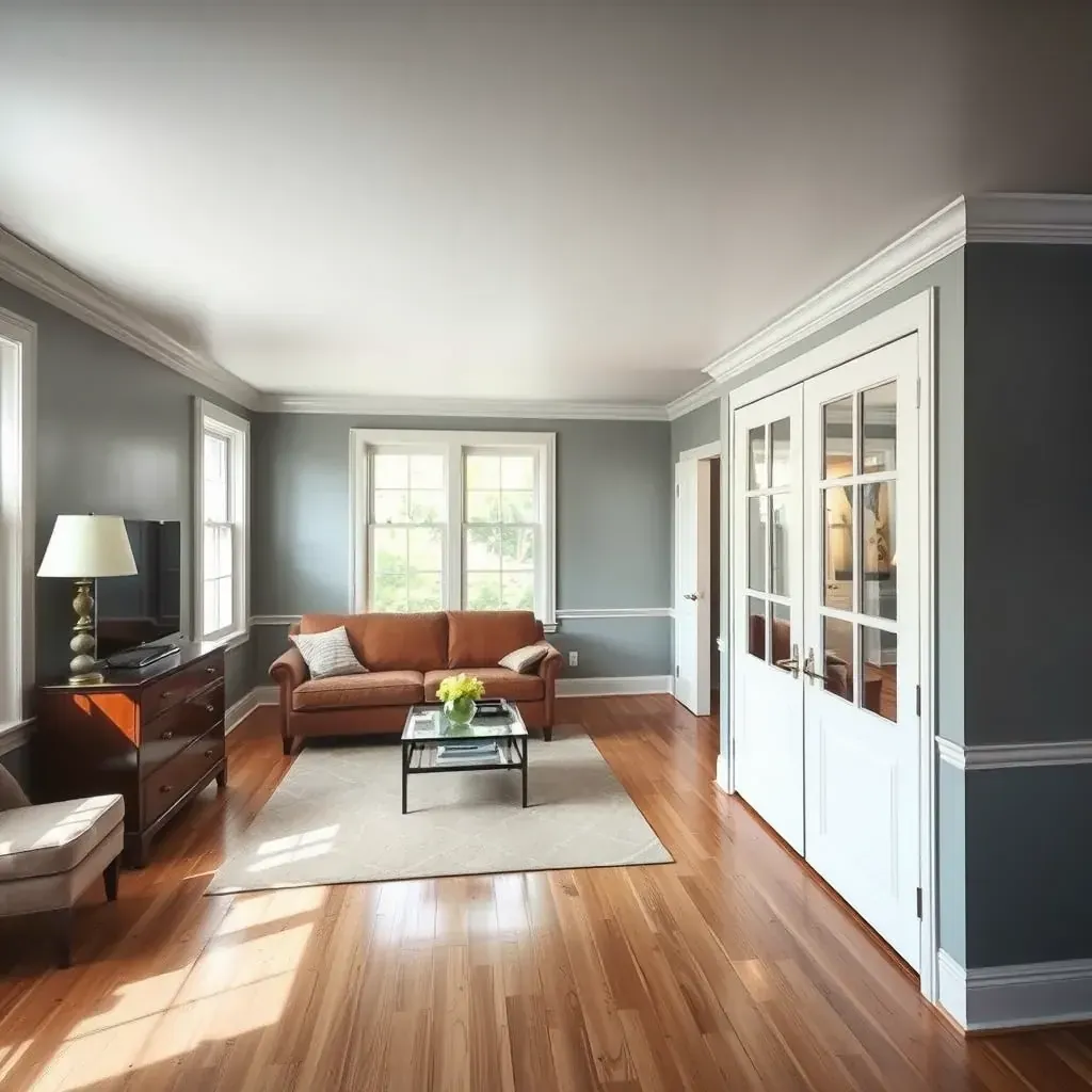 Bright living room in Henrico, VA with freshly painted taupe walls, modern decor, and natural light highlighting a clean finish.