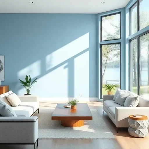 Modern lakeside interior with light blue walls, natural sunlight, minimal furniture, and lush green window view