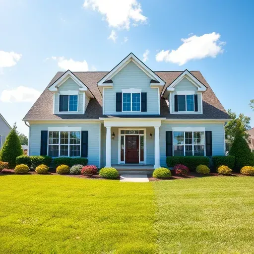 Freshly painted home in Mechanicsville VA with modern design, vibrant colors, manicured lawn, and blue sky backdrop.