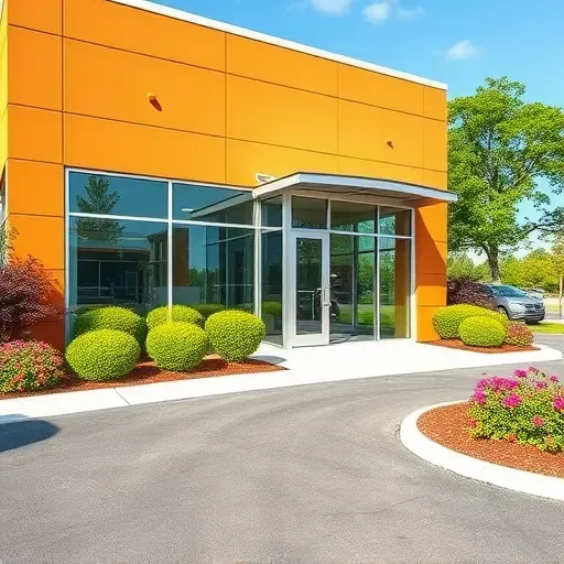 Modern Powhatan, VA painting contractor's office with vibrant walls, landscaped surroundings, and a sleek, professional exterior.