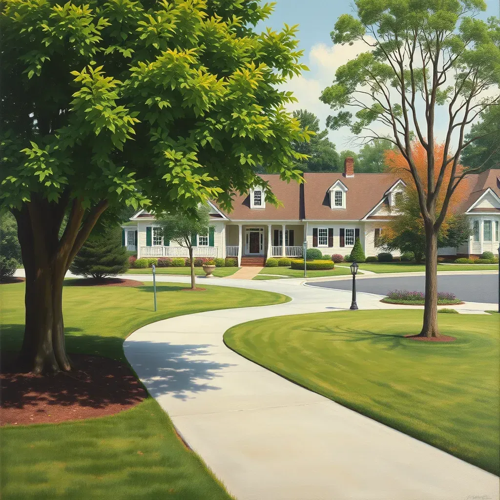 Serene East Highland Park, VA street scene featuring charming houses, lush trees, park with bench, and distant skyline.