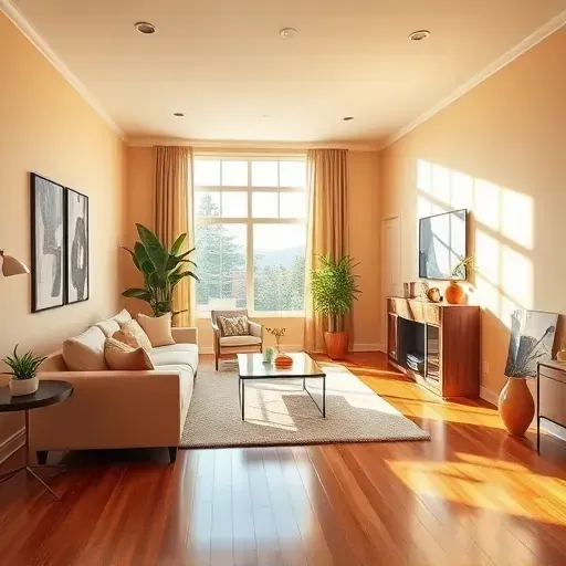 Modern living room with freshly painted warm walls, natural light, stylish furniture, and polished hardwood floors.