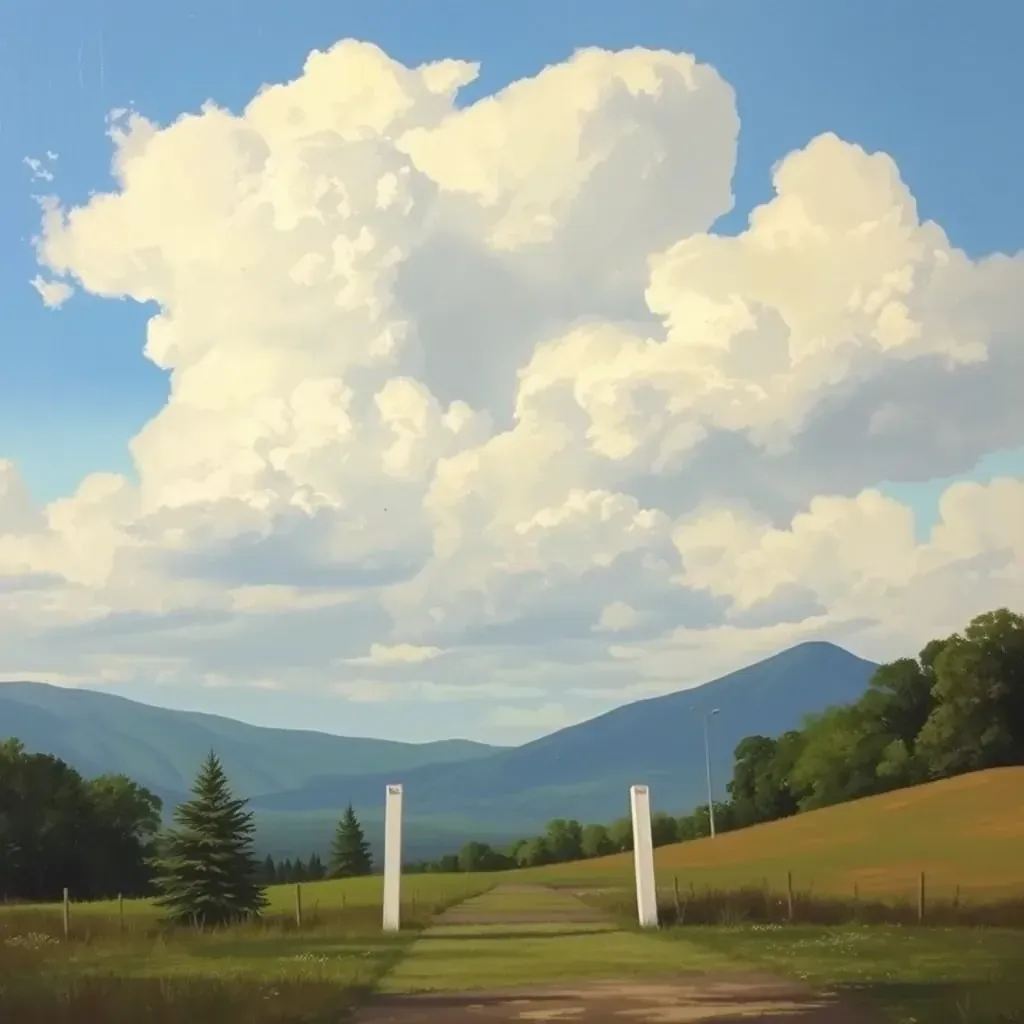 Detailed painting of Montrose, VA with rolling hills, wildflowers, a creek, rustic houses, and lush trees in a serene rural scene.