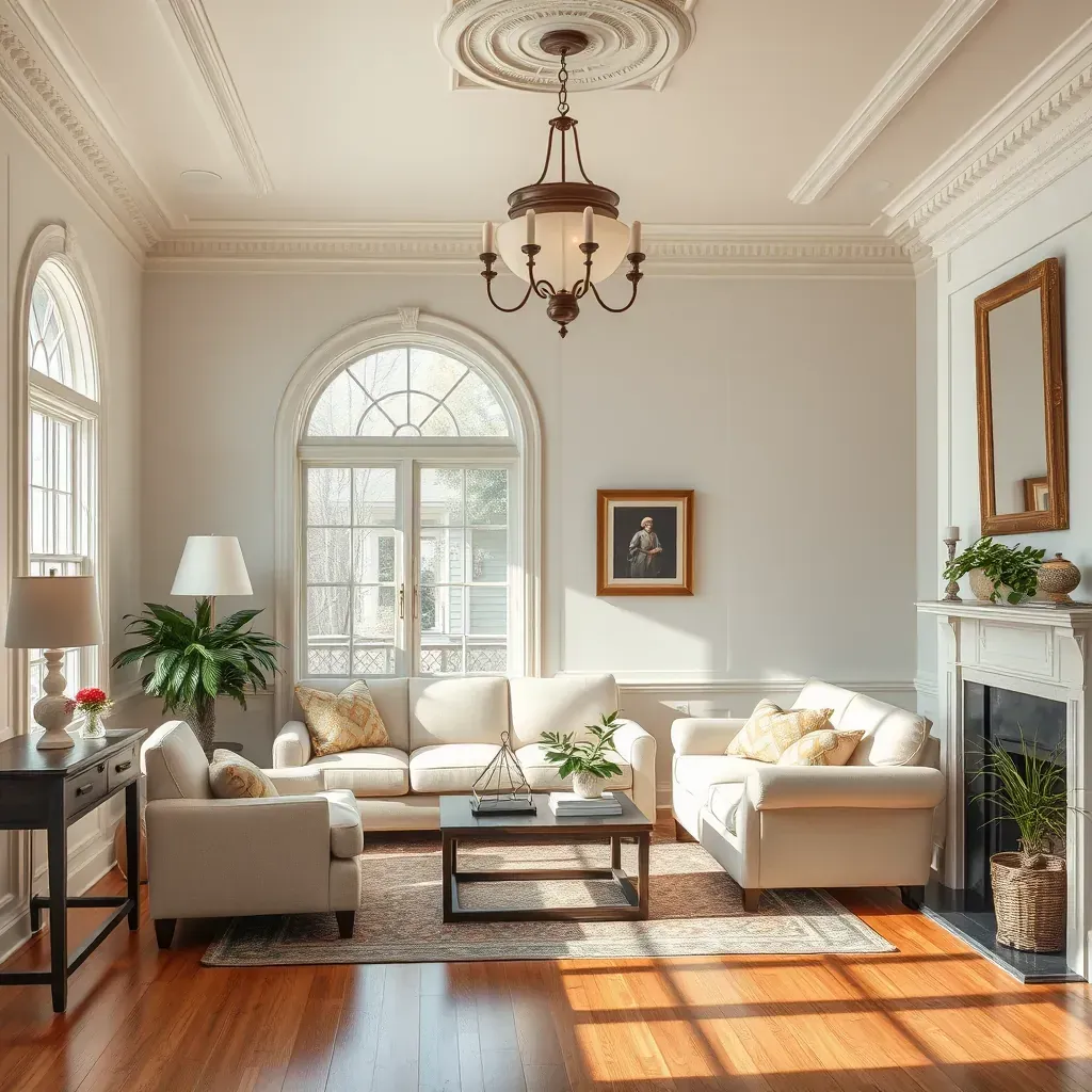 Interior living room in Tuckahoe, VA with freshly painted neutral walls, white crown molding, sunlight, and elegant decor.