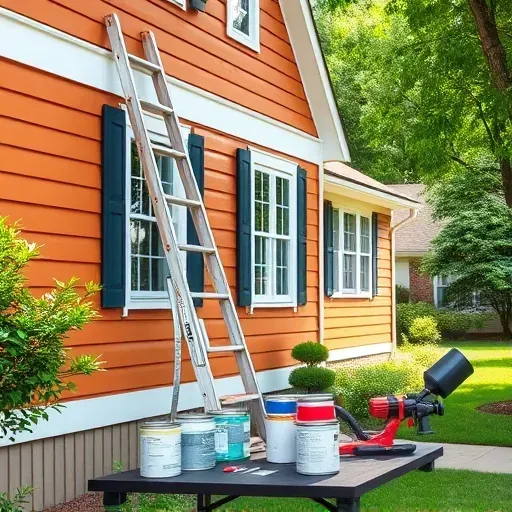 Freshly painted home's exterior in Moseley, VA, with vibrant earthy tones, organized tools, lush surroundings, and professional craftsmanship.