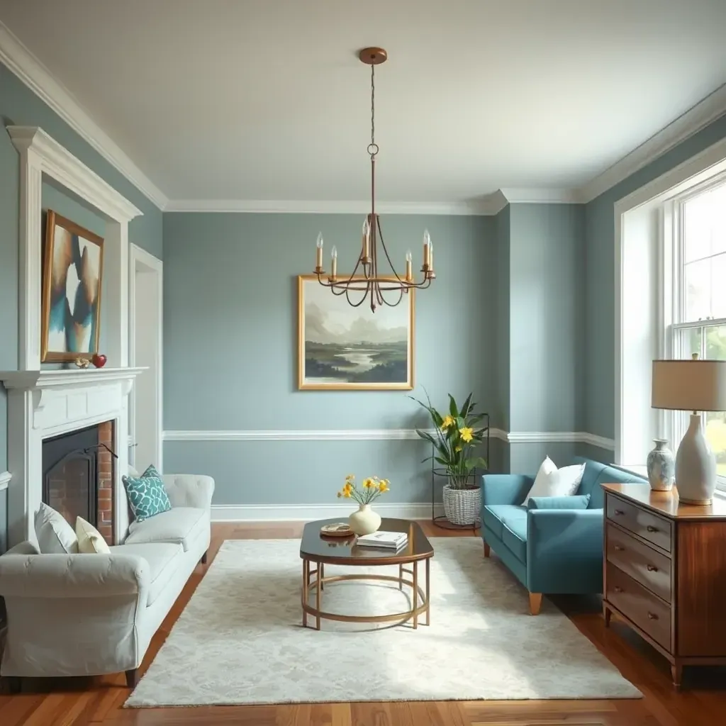 Interior room with fresh beige walls, modern decor, natural light, and professional painting tools in Short Pump, VA.
