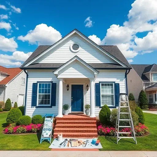 Freshly painted suburban home in Atlee VA with white facade, blue accents, and elegant landscaping in sunny weather.