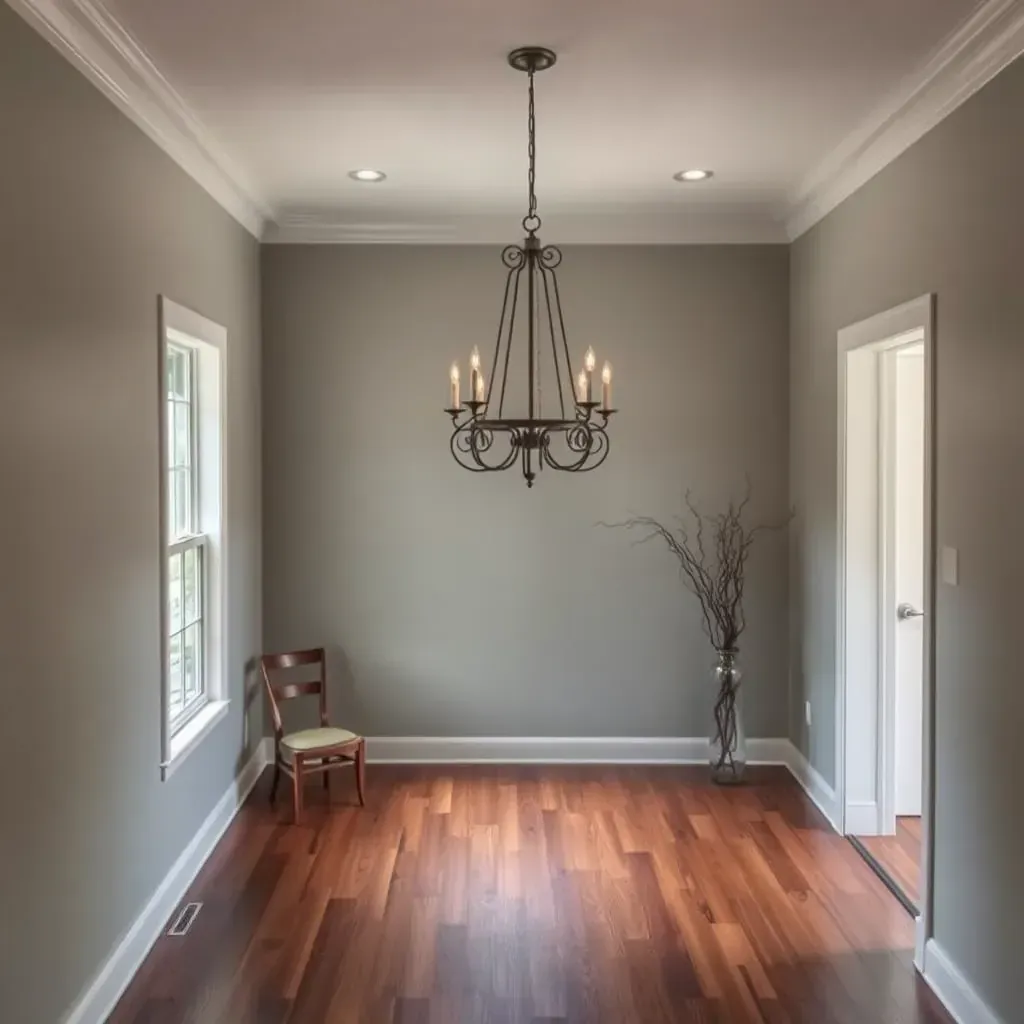 Interior living room in Chesterfield, VA with freshly painted taupe walls, white crown molding, hardwood floors, and modern furniture.