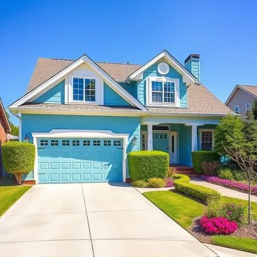 Beautifully painted residential home in Bellwood VA with blue facade, white trim, lush landscaping, and a clear blue sky.