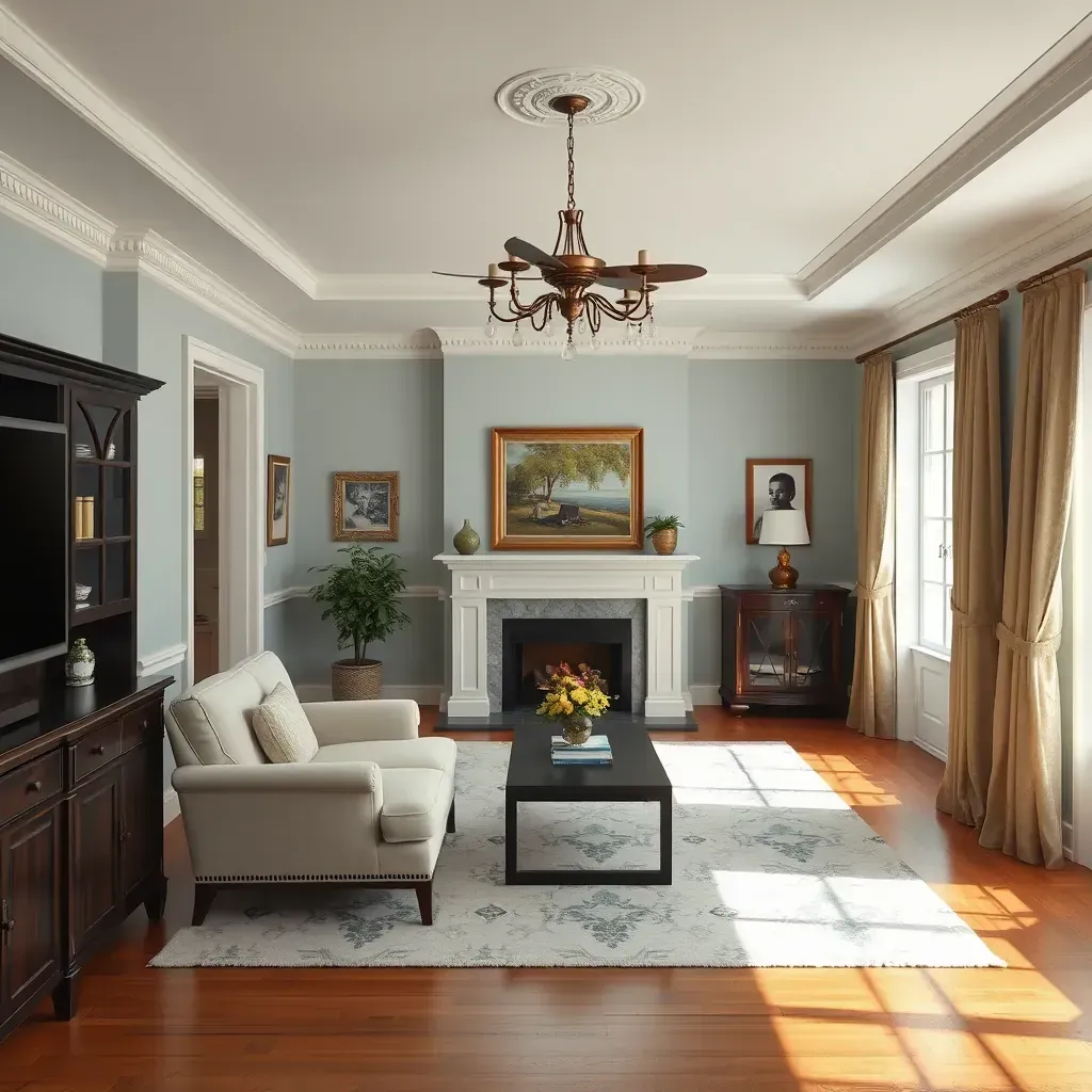 Interior painting scene in Elmont, VA featuring workers painting walls with ladders and tools.