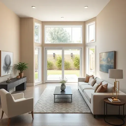 Modern Richmond interior with flawless neutral walls, natural light, contemporary decor, and a landscaped backyard view.